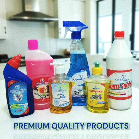 KleenOra Premium Home Cleaning Combo Pack – Toilet Cleaner, Surface Cleaner, Handwash, Dishwash, Glass Cleaner & White Phenyl (6 in 1 Pack)